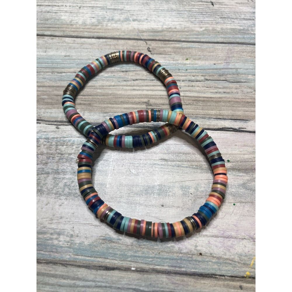 African heishi Stretch Bracelet Gold Tone Disc Multi-color Set of 2‎